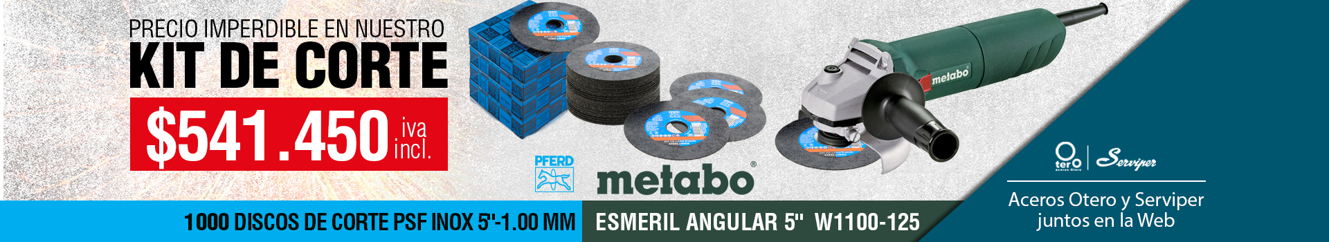 Banner promoción Esmeril Metabo y discos de corte.